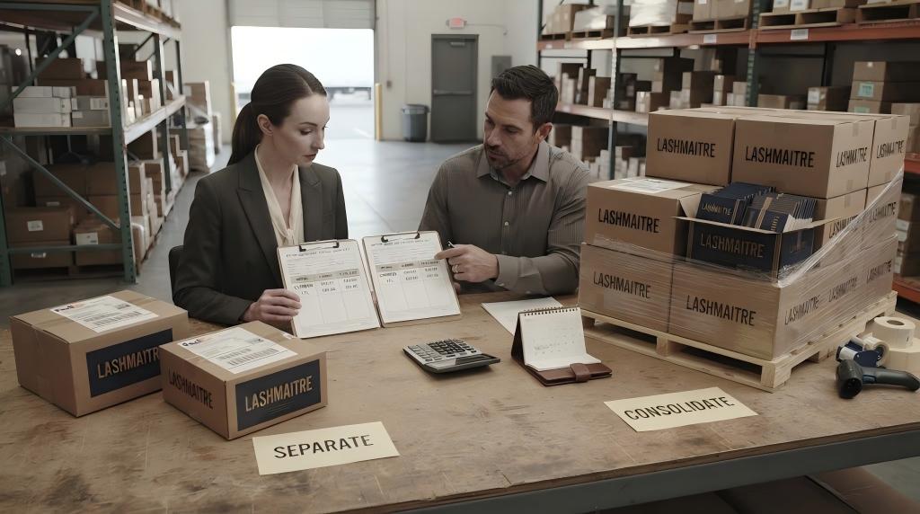 Buyer comparing consolidated and separate shipment options for wholesale lash purchase orders