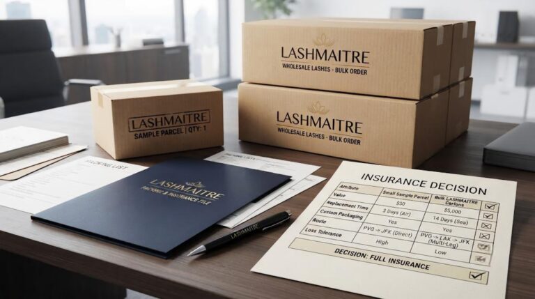 Wholesale lash freight insurance decision comparing a sample parcel and bulk LASHMAITRE cartons