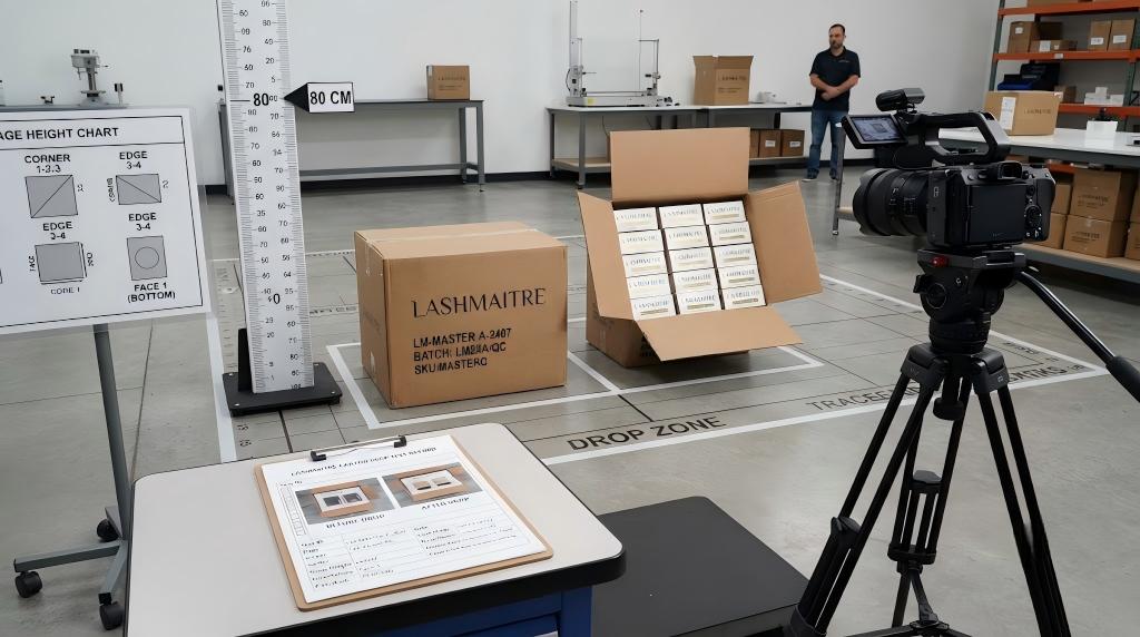 LASHMAITRE lash carton drop test setup with production-equivalent packaged products