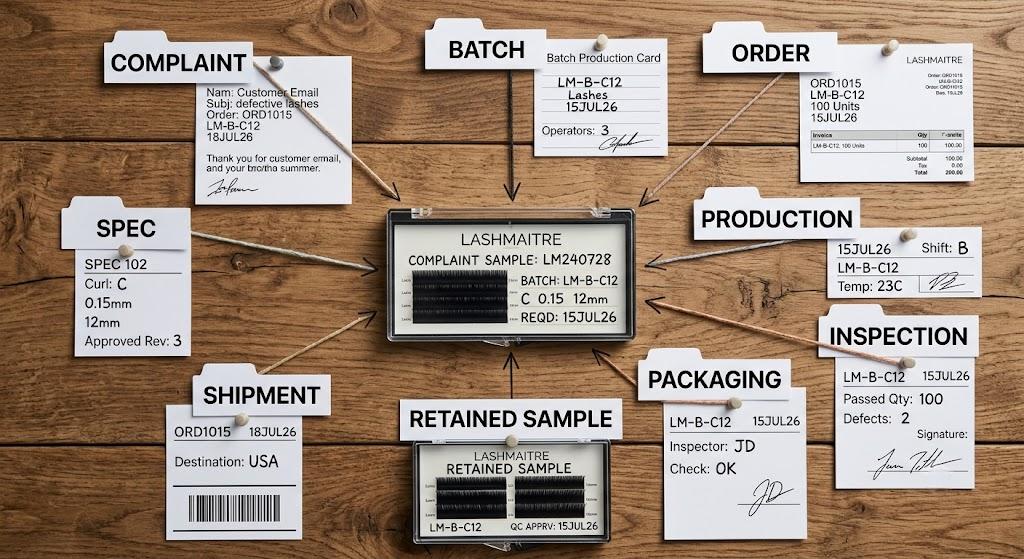 Nine records used to trace a customer complaint to a LASHMAITRE lash production batch