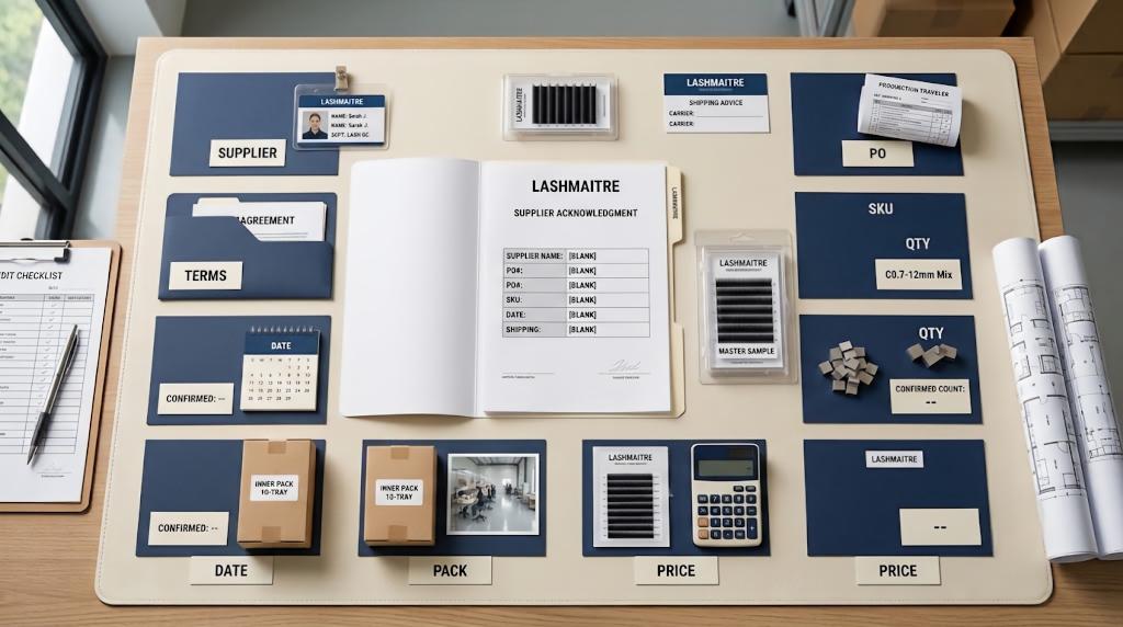 LASHMAITRE supplier acknowledgment board checking PO SKU quantity price pack date and terms