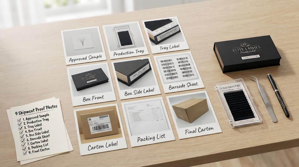 Nine shipment proof photos checklist for private label lash order with tray, box, barcode sheet, packing list and final carton