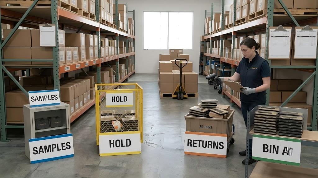 LASHMAITRE lash stock reconciliation across bin returns hold and sample locations