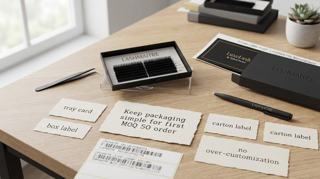 Low MOQ private label lash packaging scope with LASHMAITRE tray, simple box and label proof