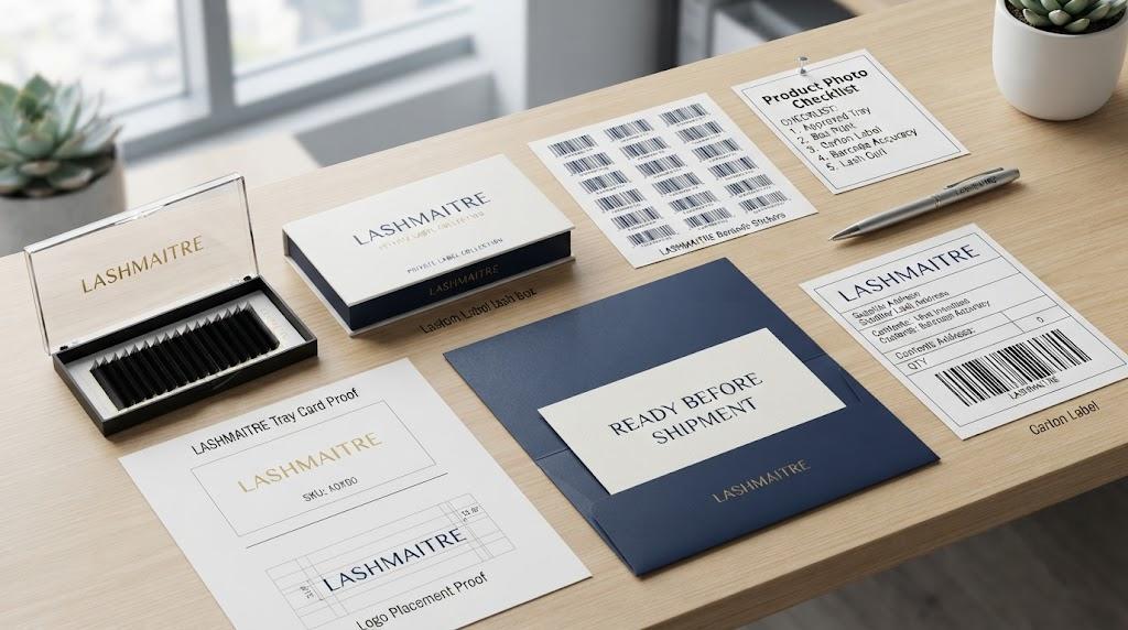 LASHMAITRE private label lash packaging and label record scene with tray card proof, logo placement proof, barcode sheet, product photo checklist, carton label, and ready before shipment card.