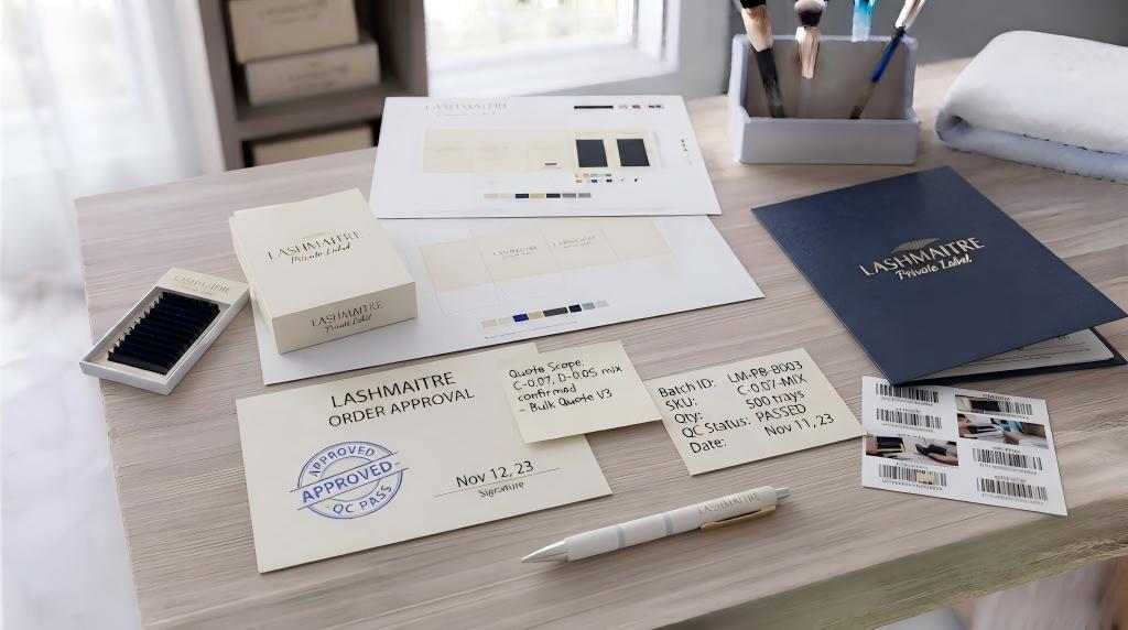 LASHMAITRE private label order approval with quote scope, batch ID, QC pass and approved stamp