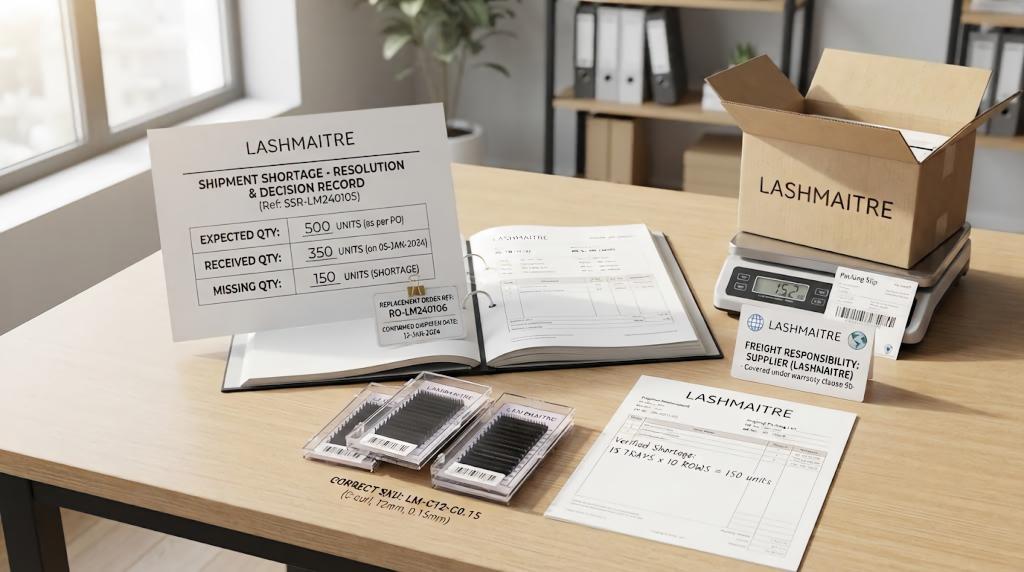 LASHMAITRE short shipment replacement record with expected received and missing quantities