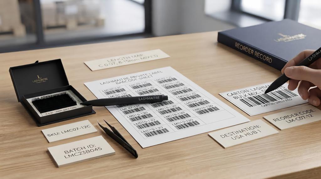 LASHMAITRE SKU, batch ID, destination and reorder code cards with private label barcode sheet and carton label