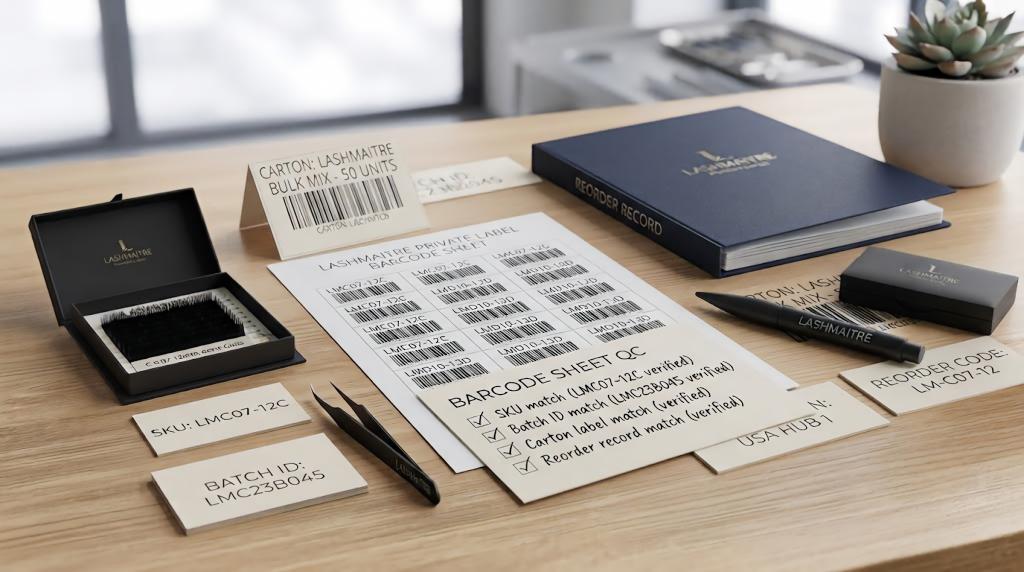 LASHMAITRE barcode sheet QC check with SKU match, batch ID match, carton label match and reorder record match