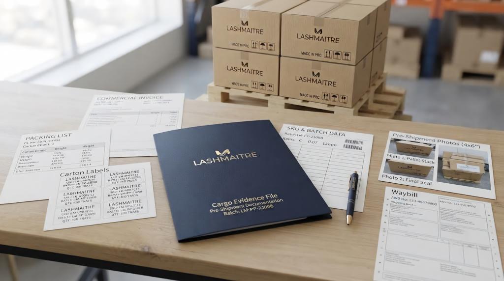 LASHMAITRE cargo evidence file with invoice, packing list, labels, batch records and shipment photos