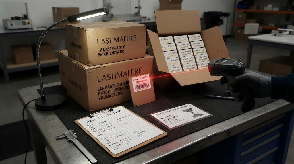 LASHMAITRE packaging handling test record with branded cartons barcode scan and inspection evidence