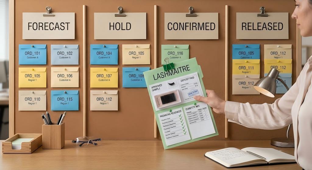 LASHMAITRE production orders moving from forecast and hold to confirmed and released