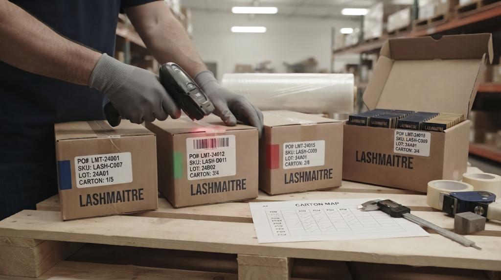 LASHMAITRE carton labels preserve PO SKU lot and carton traceability in a combined shipment