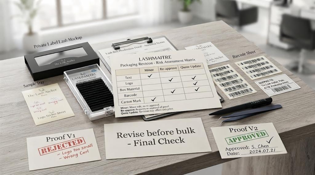 LASHMAITRE packaging revision risk assessment matrix with logo, box material, barcode and carton mark checks