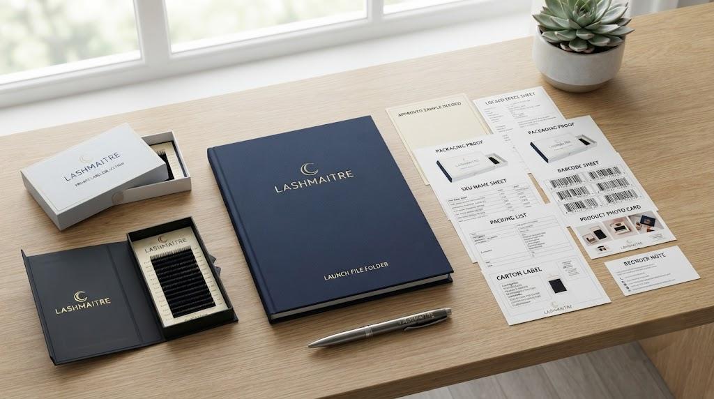 LASHMAITRE launch file folder with approved sample record, packaging proof, SKU name sheet, barcode sheet, packing list, carton label, product photo card, and reorder note.