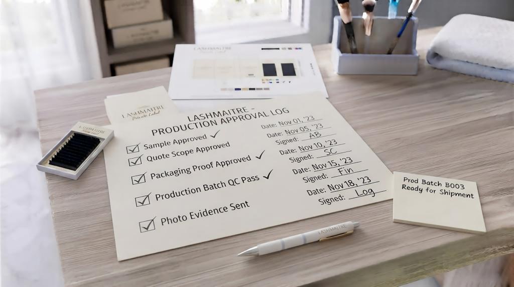 LASHMAITRE production approval log checklist with sample approval, quote scope, packaging proof, batch QC and photo evidence steps