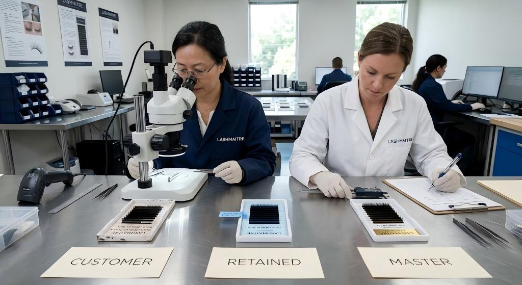 Comparing customer retained and master LASHMAITRE lash samples during an investigation