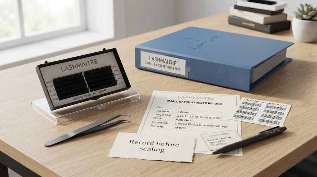 LASHMAITRE small batch reorder record with approved sample, SKU labels and batch ID card