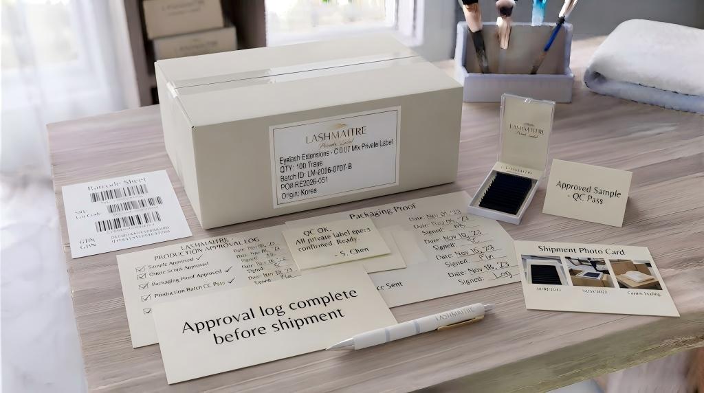 LASHMAITRE approval log complete before shipment with carton label, approved sample, QC pass and shipment photo card
