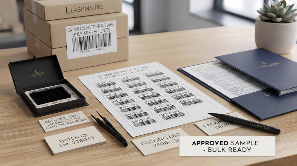 LASHMAITRE barcode sheet connects carton record with packing list, approved sample and bulk ready label
