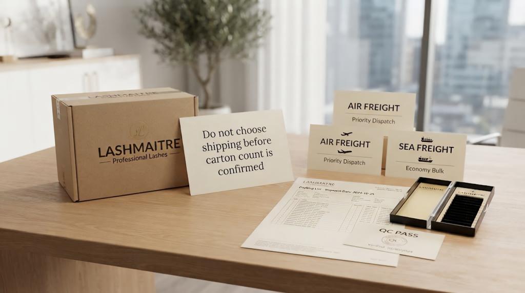 LASHMAITRE carton count confirmation before choosing air freight or sea freight for a bulk lash order