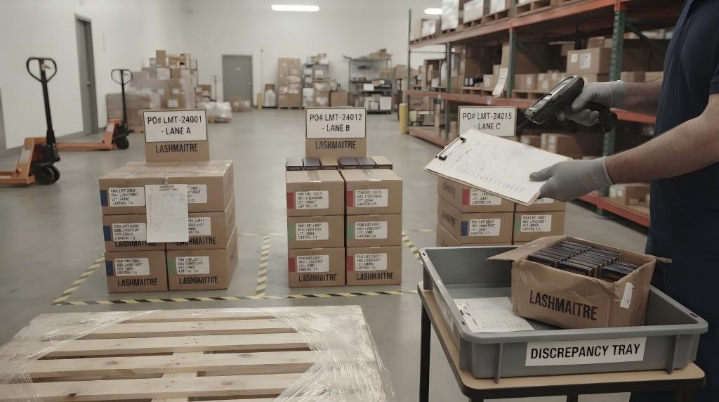Warehouse receiving team reconciles multiple LASHMAITRE purchase orders from one shipment