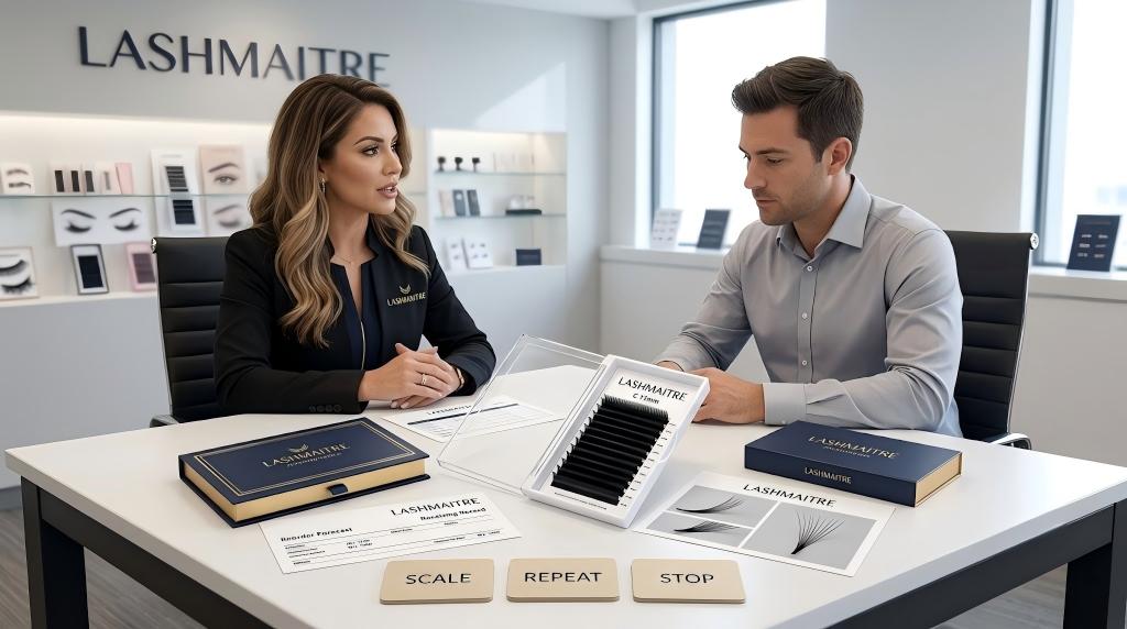 Buyer and LASHMAITRE representative making scale repeat or stop decision after a lash pilot order