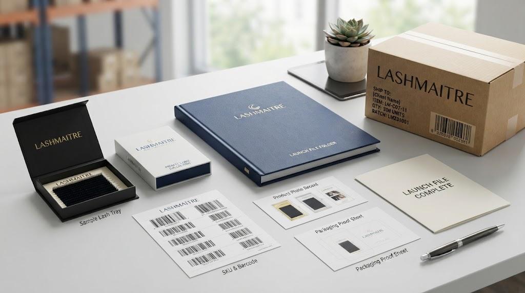 LASHMAITRE private label launch file complete scene with sample lash tray, SKU barcode sheet, product photo record, packaging proof sheet, carton box, and launch file folder.