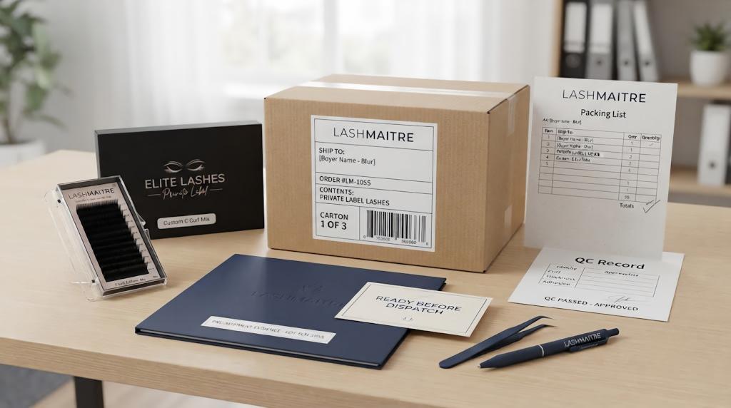 Private label lash order ready before dispatch with carton label, packing list, QC record and approved lash tray