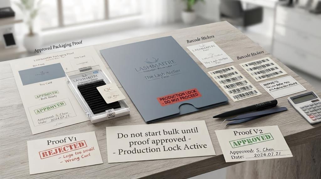 LASHMAITRE approved packaging proof with production lock note and barcode sticker sheets before bulk production