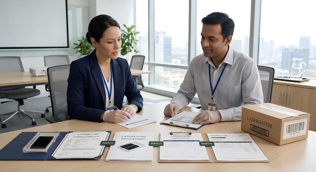 Buyer and LASHMAITRE representative cross-checking conformity certificate specification inspection and packing list