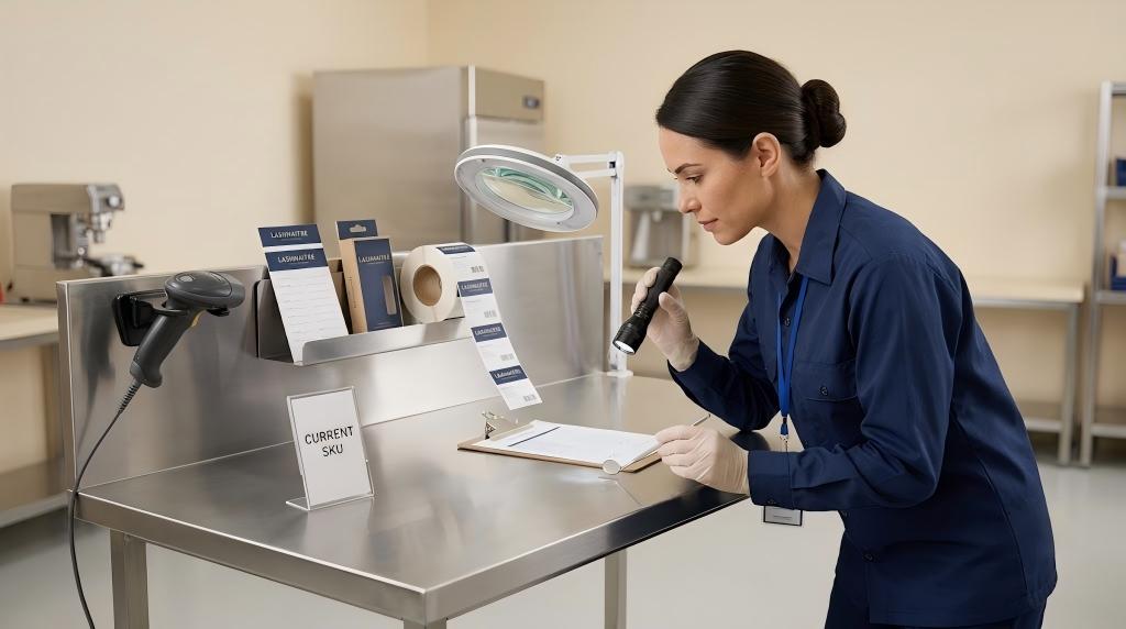 LASHMAITRE quality inspector verifying a cleared workstation and current lash SKU