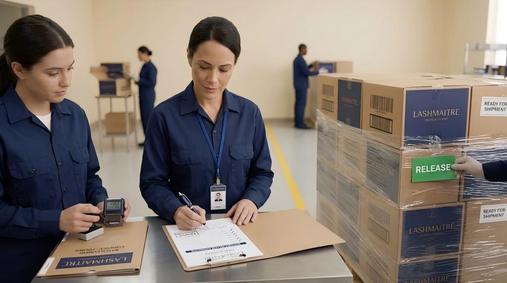 LASHMAITRE quality managers signing authorized lash shipment release beside a sealed pallet