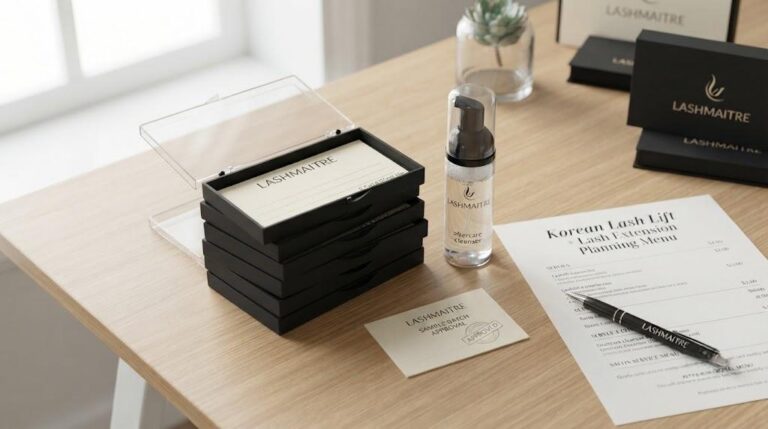 Korean lash lift demand planning desk with LASHMAITRE branded lash samples and cleanser