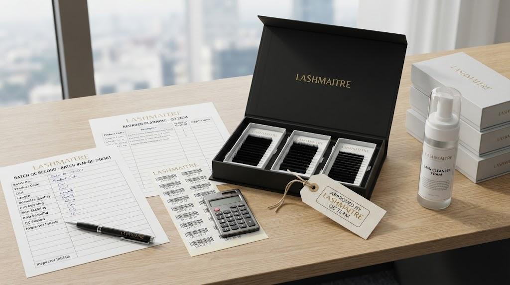 LASHMAITRE lash service QC reorder records with branded sample kit and cleanser