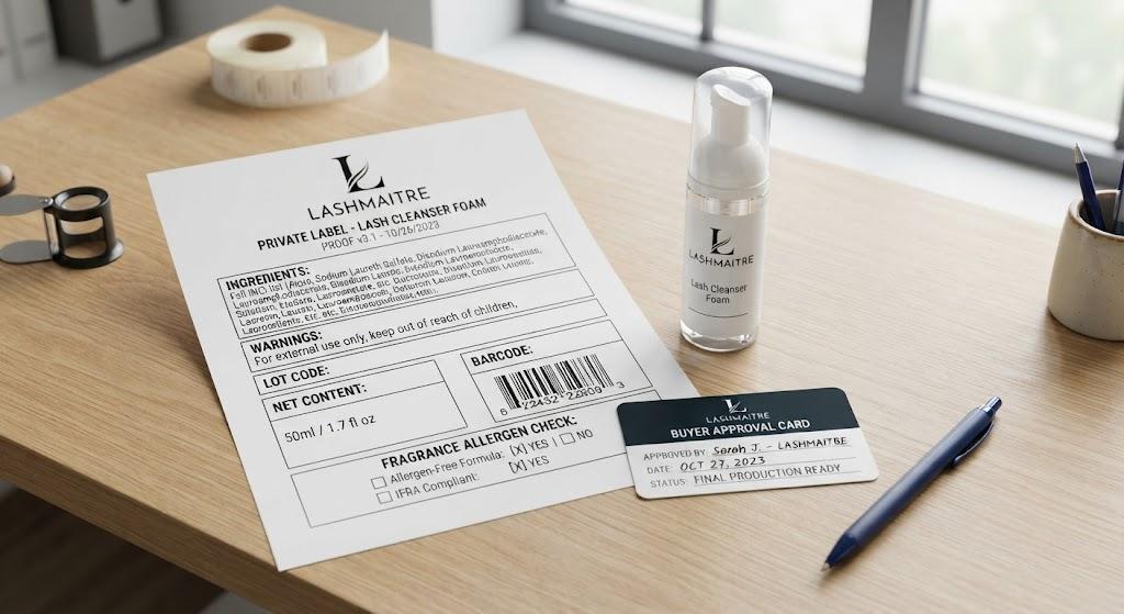 Private label lash cleanser label proof with fragrance allergen check