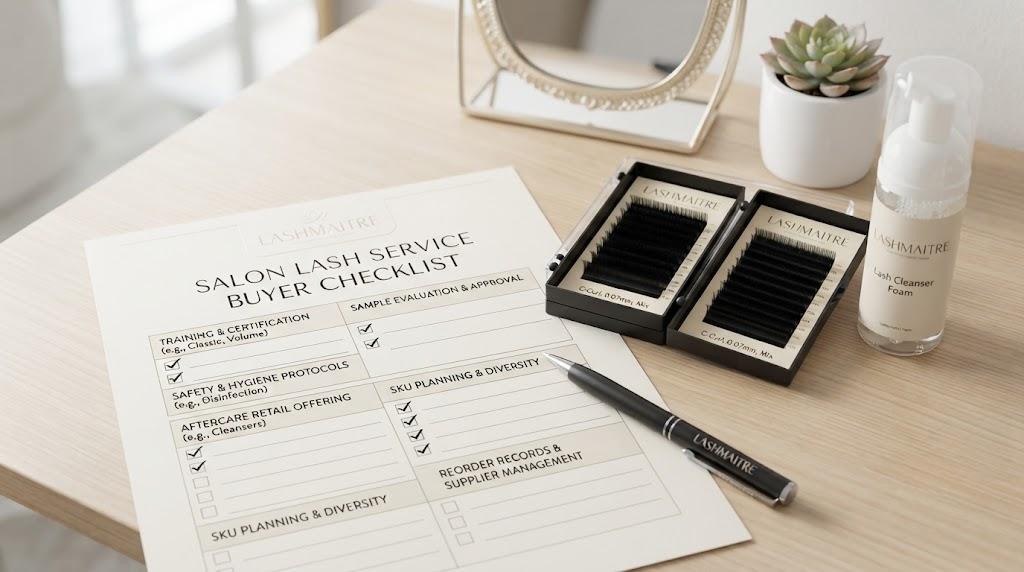 Salon lash service buyer checklist with LASHMAITRE lash trays and aftercare cleanser