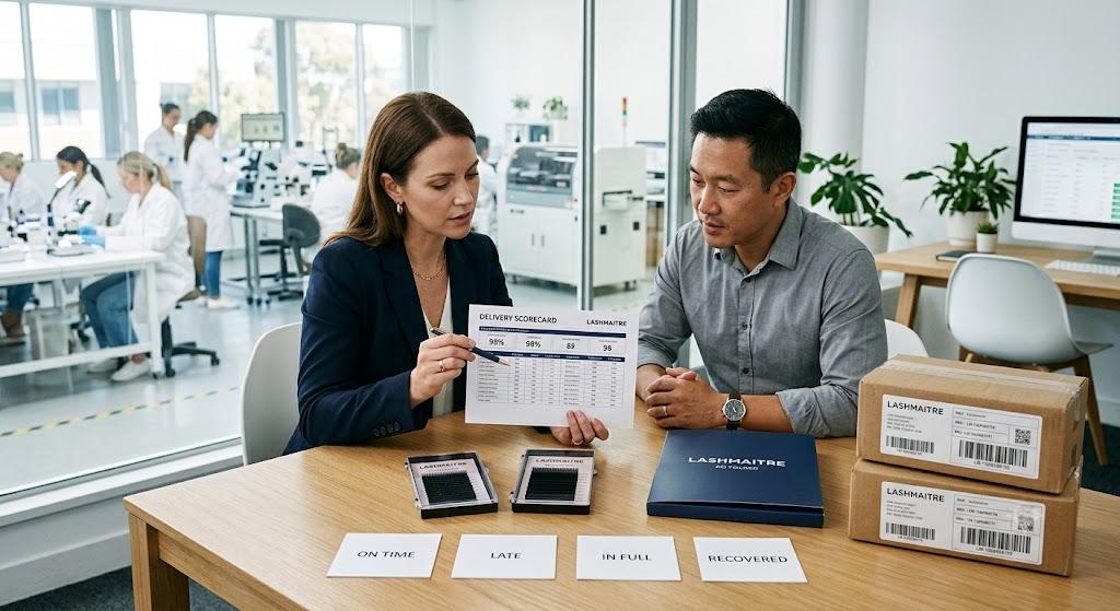 Buyer reviewing lash supplier delivery performance with LASHMAITRE trays and order records