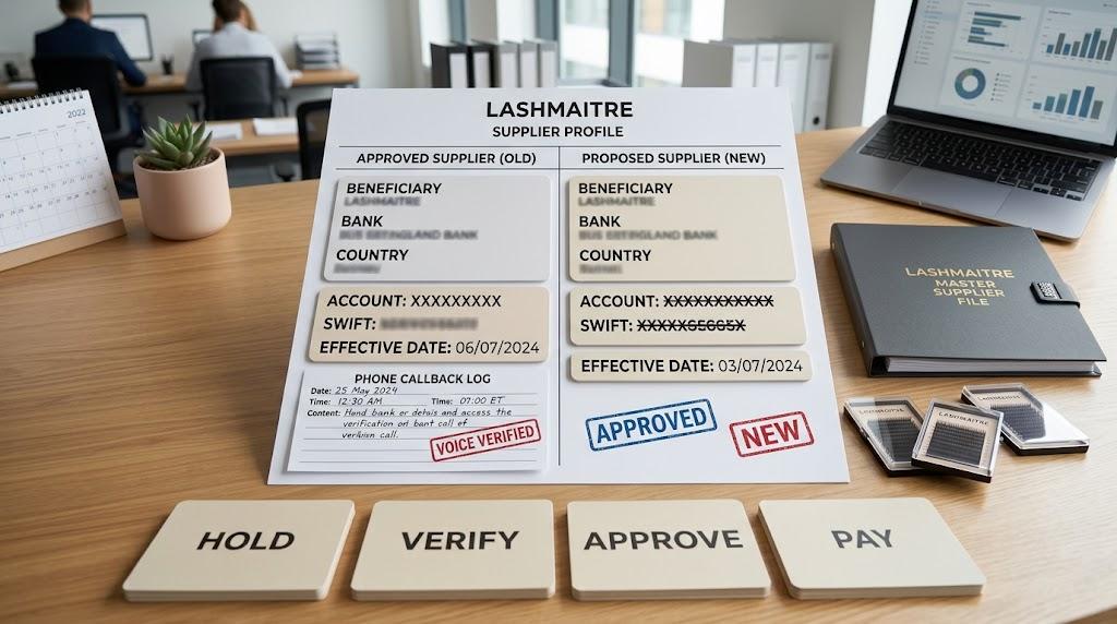 Approved and proposed lash supplier bank details compared