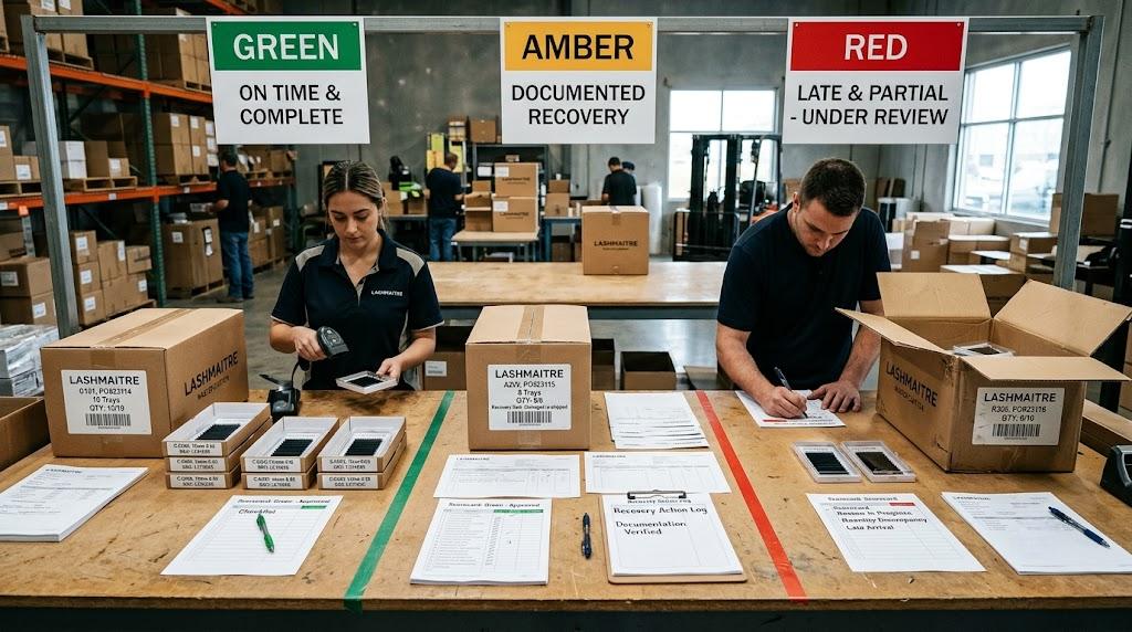 On-time late and recovered LASHMAITRE delivery scorecard review