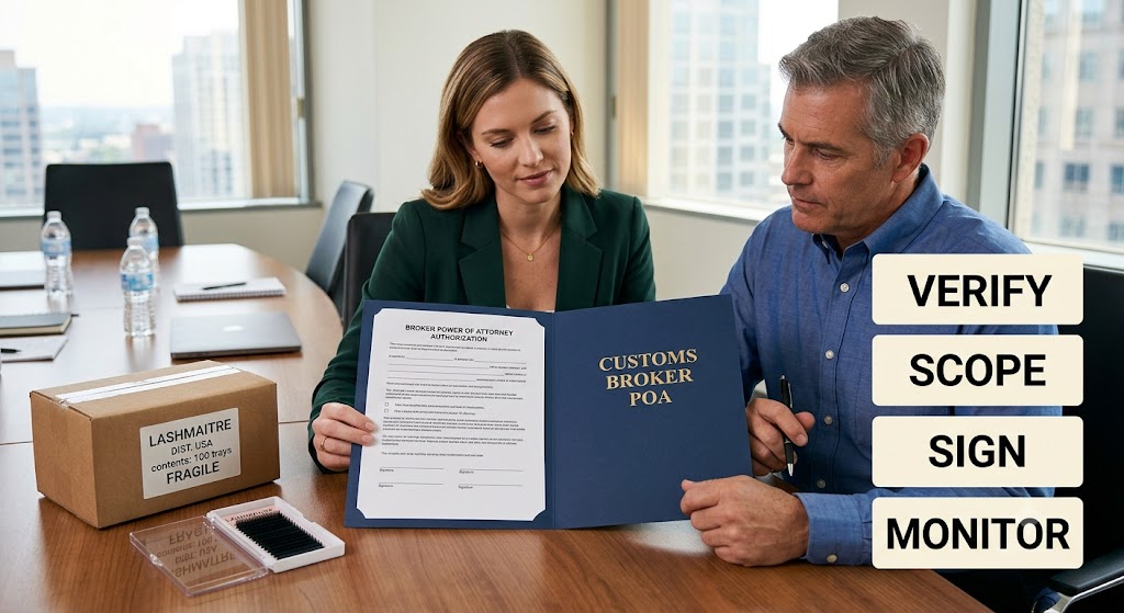 Importer reviewing a lash customs broker power of attorney before signing