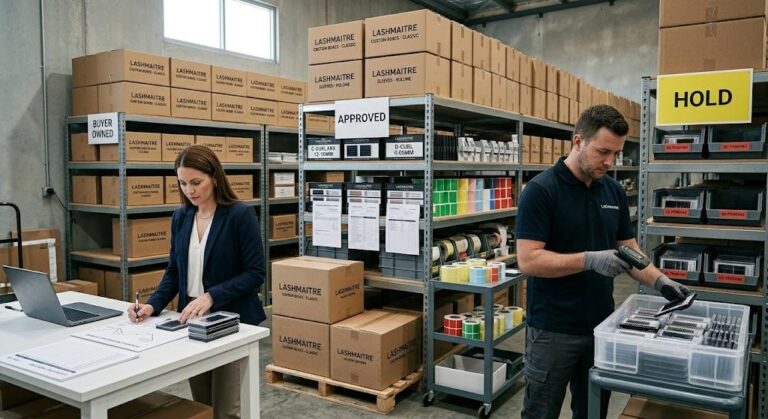 Buyer-owned LASHMAITRE packaging inventory controlled at the supplier