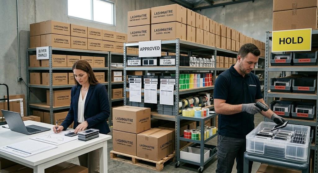 Buyer-owned LASHMAITRE packaging inventory controlled at the supplier