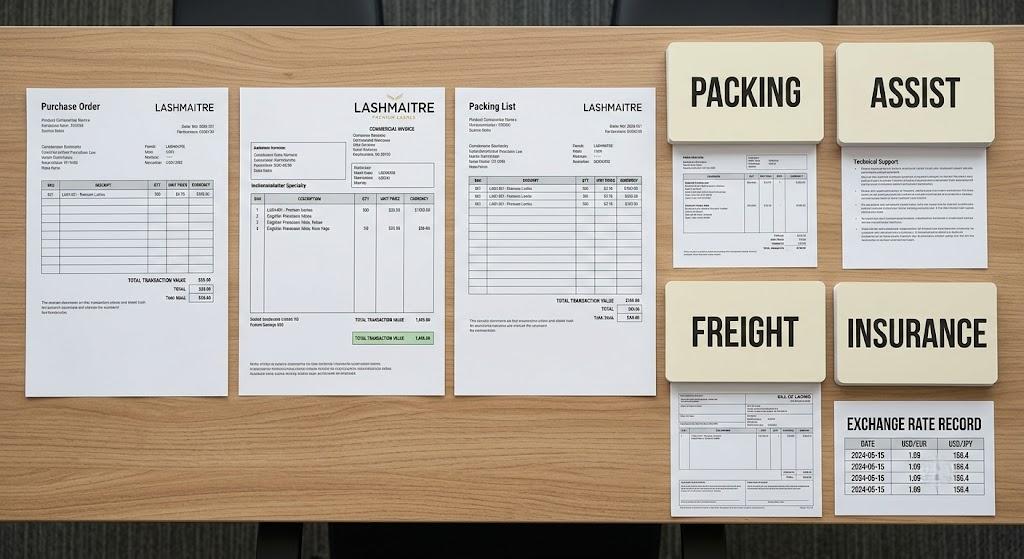 Purchase order commercial invoice and packing list reconciled for customs value
