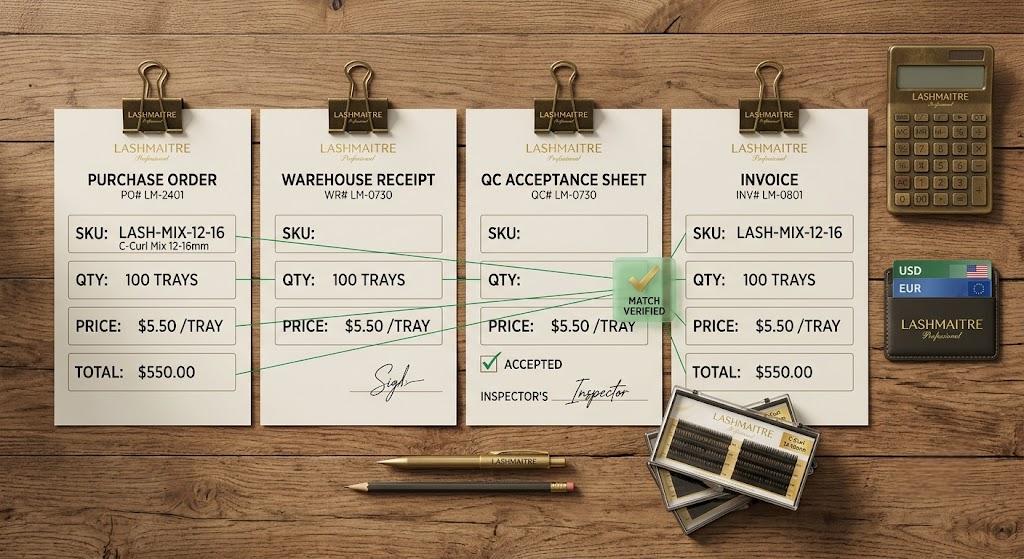 Four-way match of lash purchase order receipt inspection and invoice