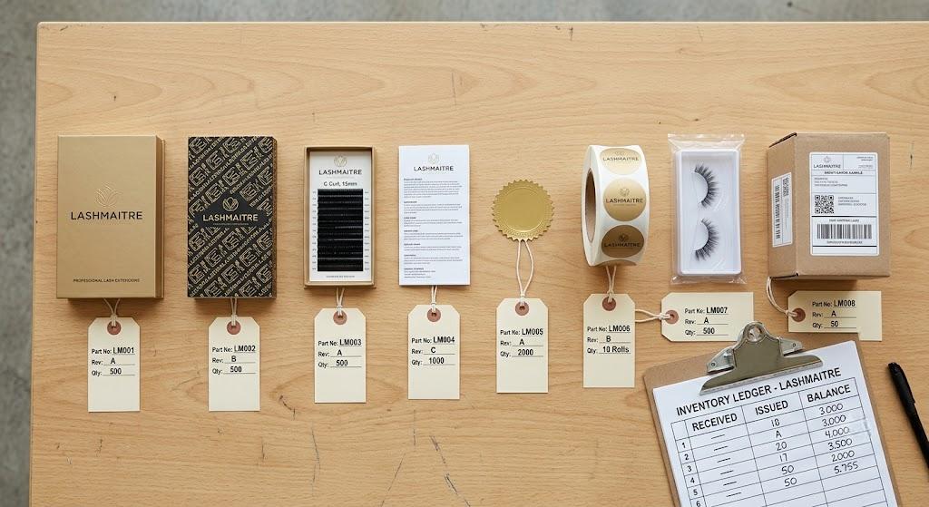 Private label lash packaging component ledger with revision and quantity records