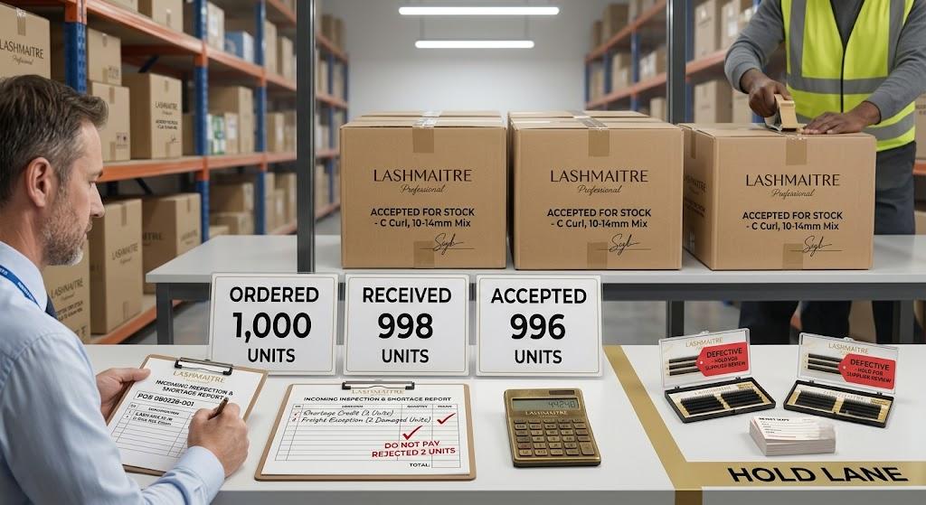 Wholesale lash invoice exception for shortage and rejected quantity