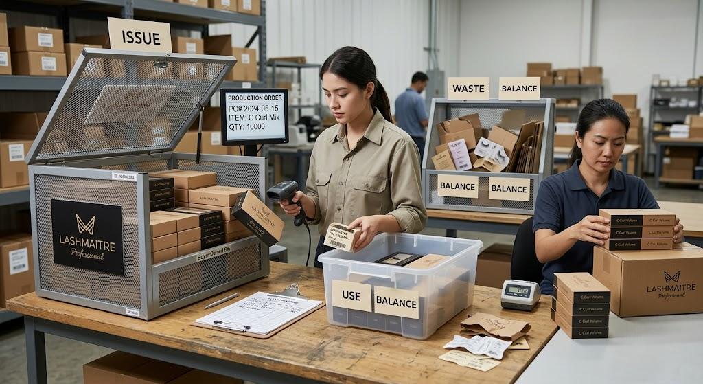 Lash packaging inventory issue use waste and balance reconciliation