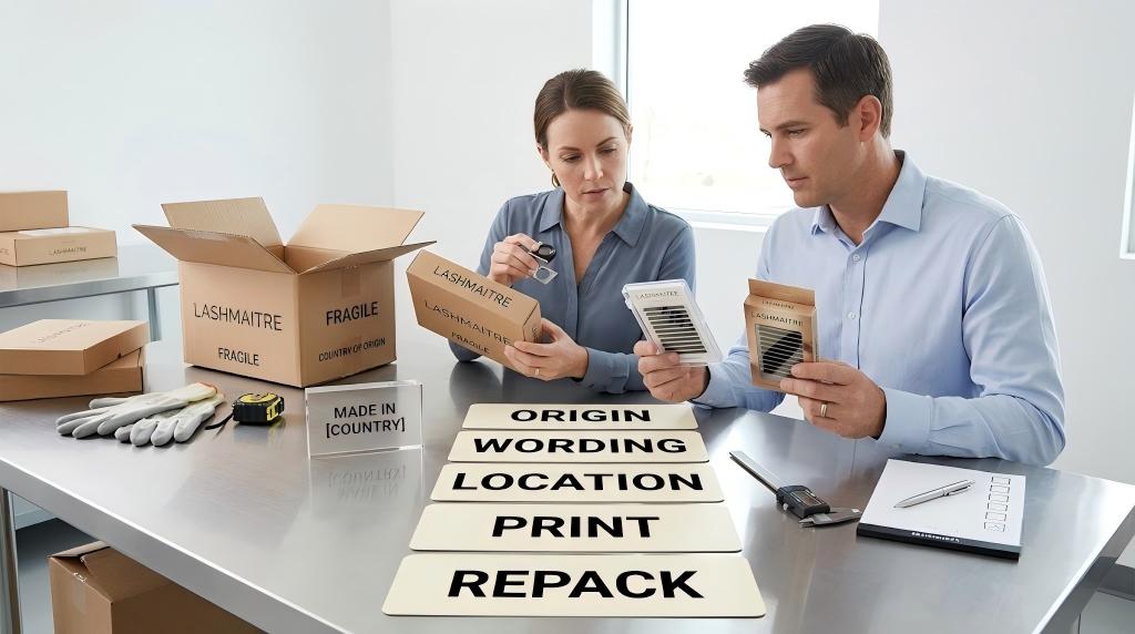 Buyer checking lash country of origin marking on product tray box and carton