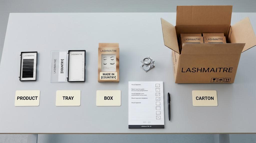 Country-of-origin marking checked across lash product tray box and carton